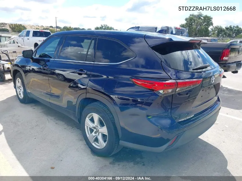 2020 Toyota Highlander L/Le VIN: 5TDZZRAH7LS012668 Lot: 40304166