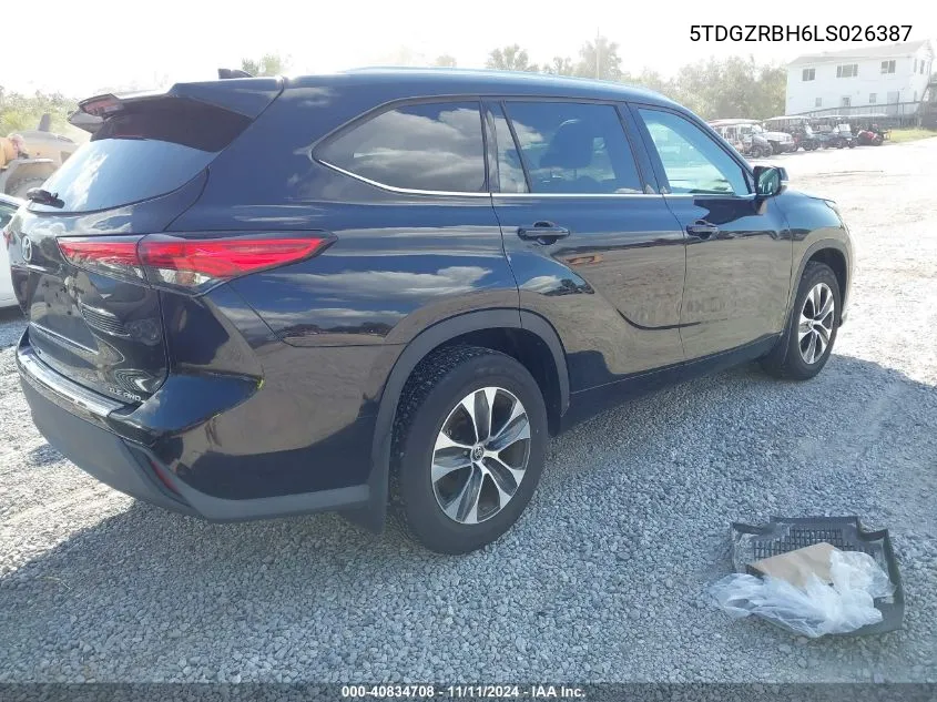 2020 Toyota Highlander Xle VIN: 5TDGZRBH6LS026387 Lot: 40834708