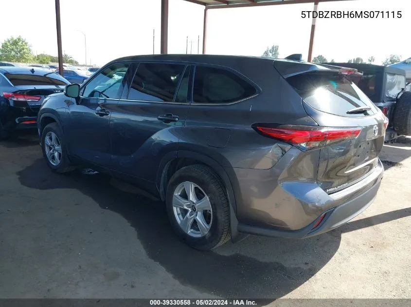 2021 Toyota Highlander Le VIN: 5TDBZRBH6MS071115 Lot: 39330558