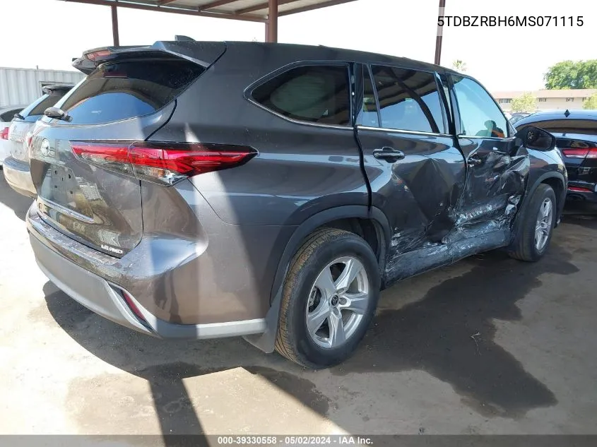 2021 Toyota Highlander Le VIN: 5TDBZRBH6MS071115 Lot: 39330558