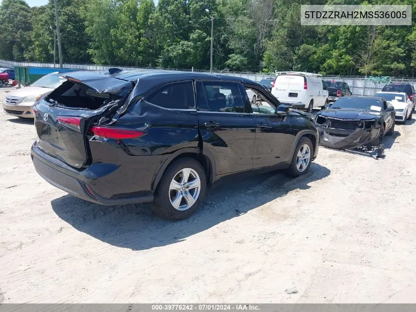 2021 Toyota Highlander Le VIN: 5TDZZRAH2MS536005 Lot: 39776242