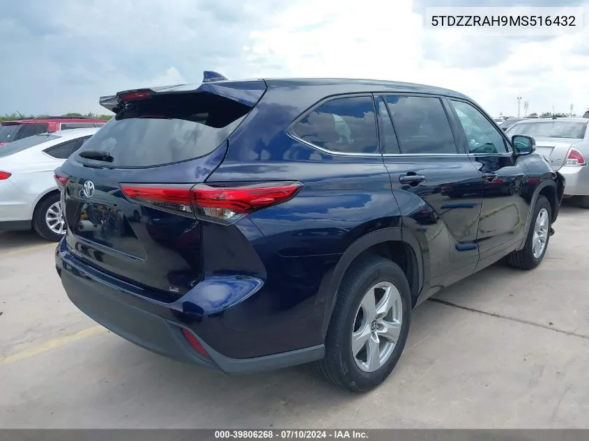 2021 Toyota Highlander Le VIN: 5TDZZRAH9MS516432 Lot: 39806268