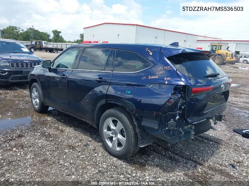 2021 Toyota Highlander Le VIN: 5TDZZRAH7MS536503 Lot: 39904763