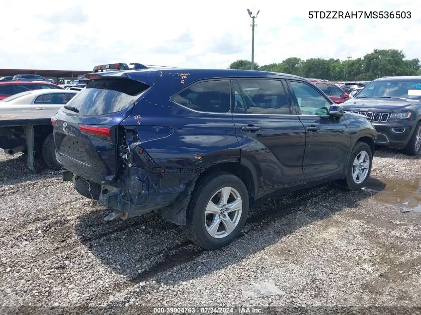 2021 Toyota Highlander Le VIN: 5TDZZRAH7MS536503 Lot: 39904763