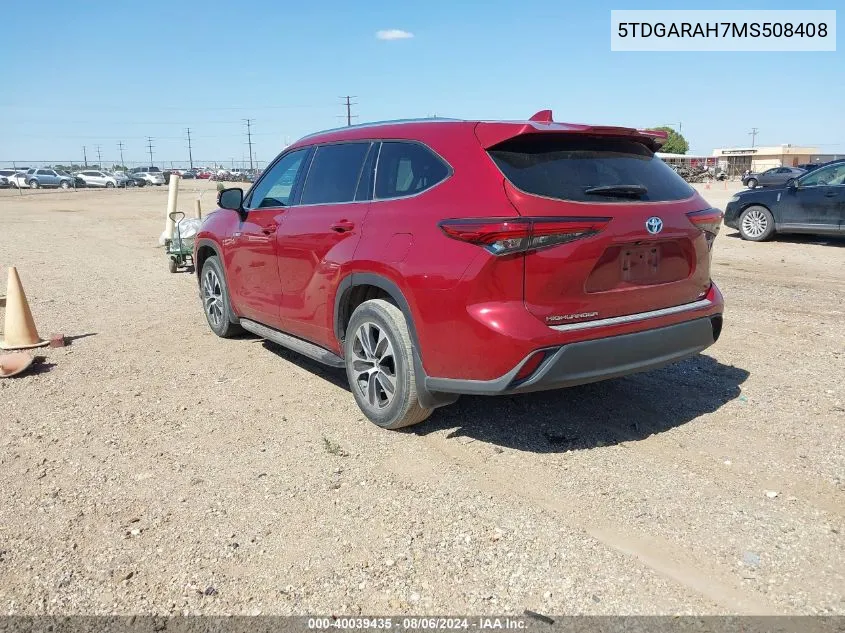 2021 Toyota Highlander Hybrid Xle VIN: 5TDGARAH7MS508408 Lot: 40039435