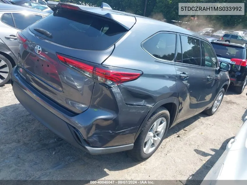 2021 Toyota Highlander L VIN: 5TDCZRAH1MS033992 Lot: 40045047