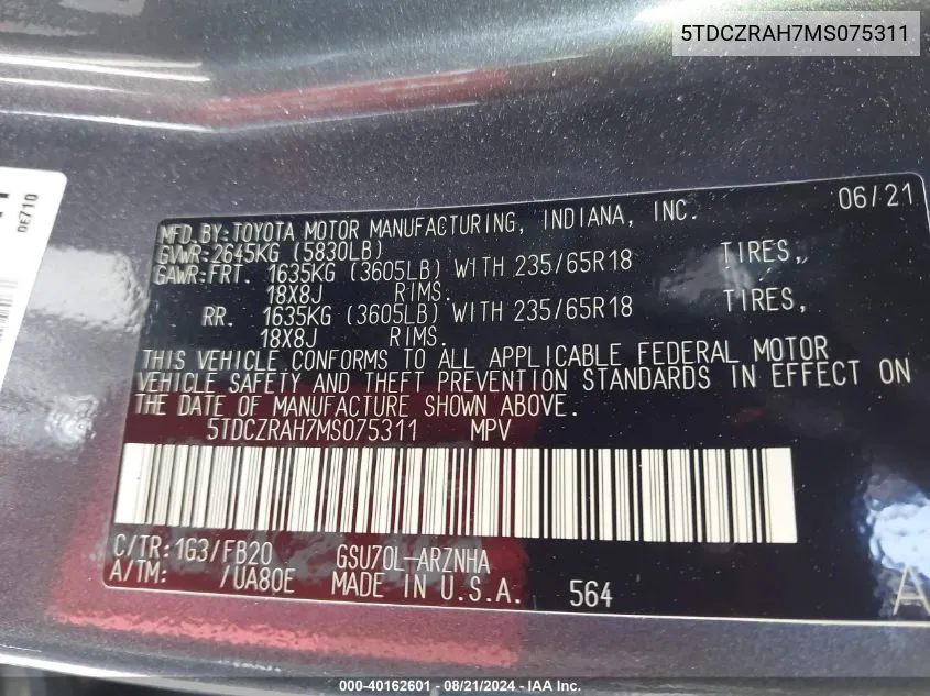 2021 Toyota Highlander L VIN: 5TDCZRAH7MS075311 Lot: 40162601