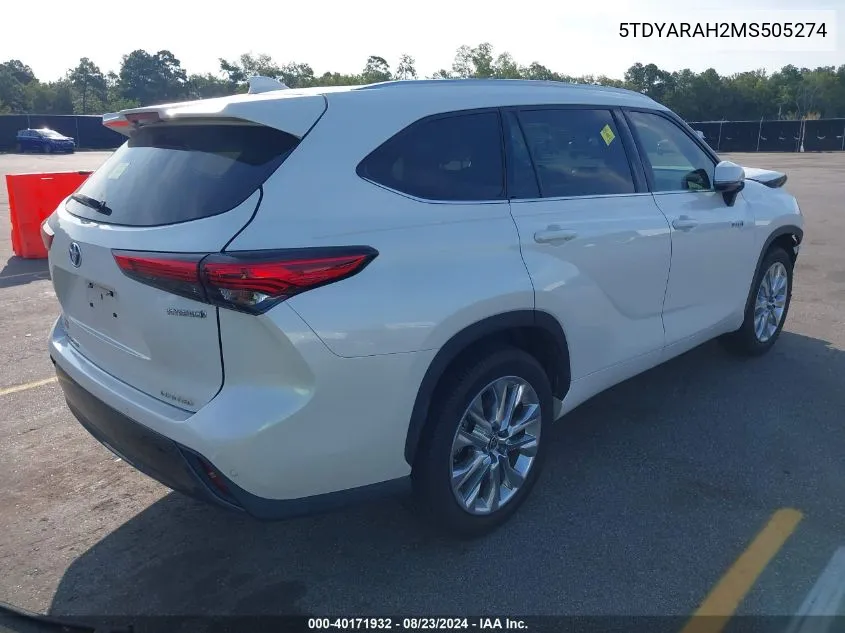 2021 Toyota Highlander Hybrid Limited VIN: 5TDYARAH2MS505274 Lot: 40171932