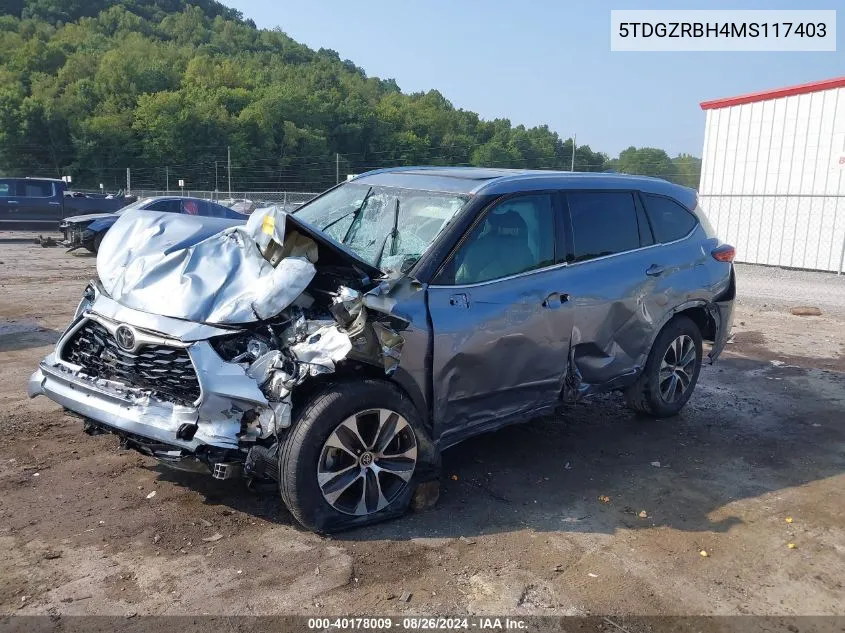 2021 Toyota Highlander Xle VIN: 5TDGZRBH4MS117403 Lot: 40178009