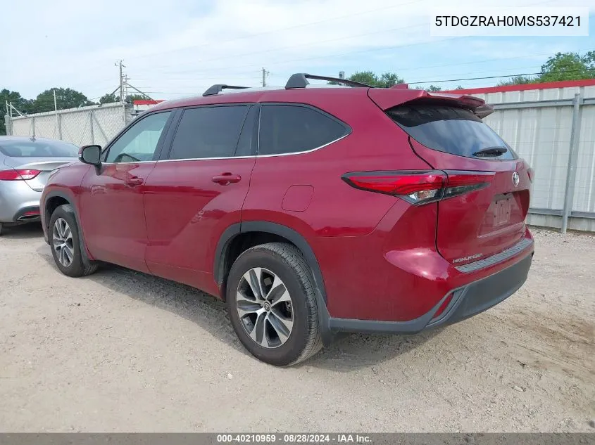 2021 Toyota Highlander Xle VIN: 5TDGZRAH0MS537421 Lot: 40210959