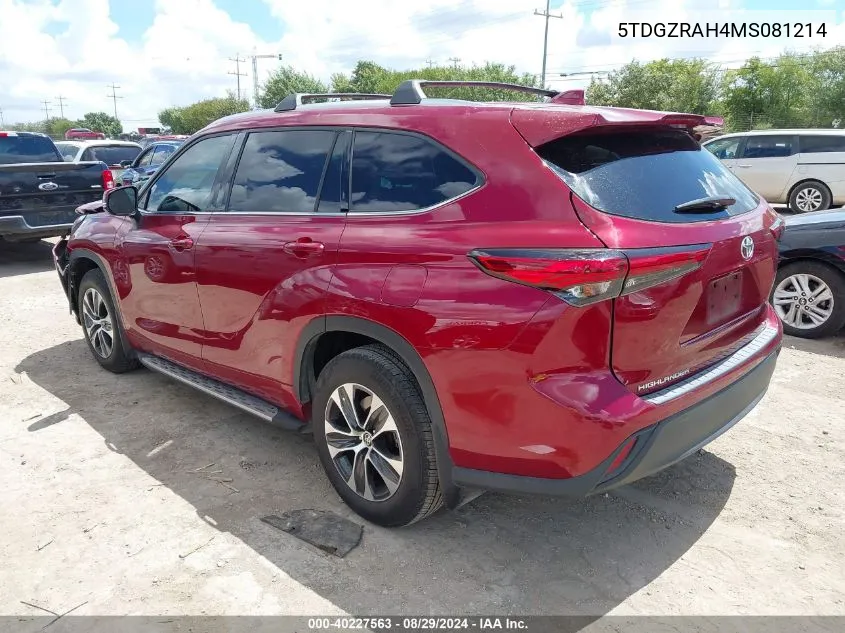 2021 Toyota Highlander Xle VIN: 5TDGZRAH4MS081214 Lot: 40227563