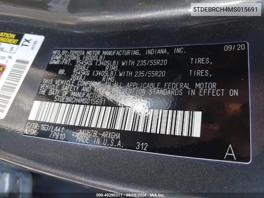 5TDEBRCH4MS015691 2021 Toyota Highlander Hybrid Platinum