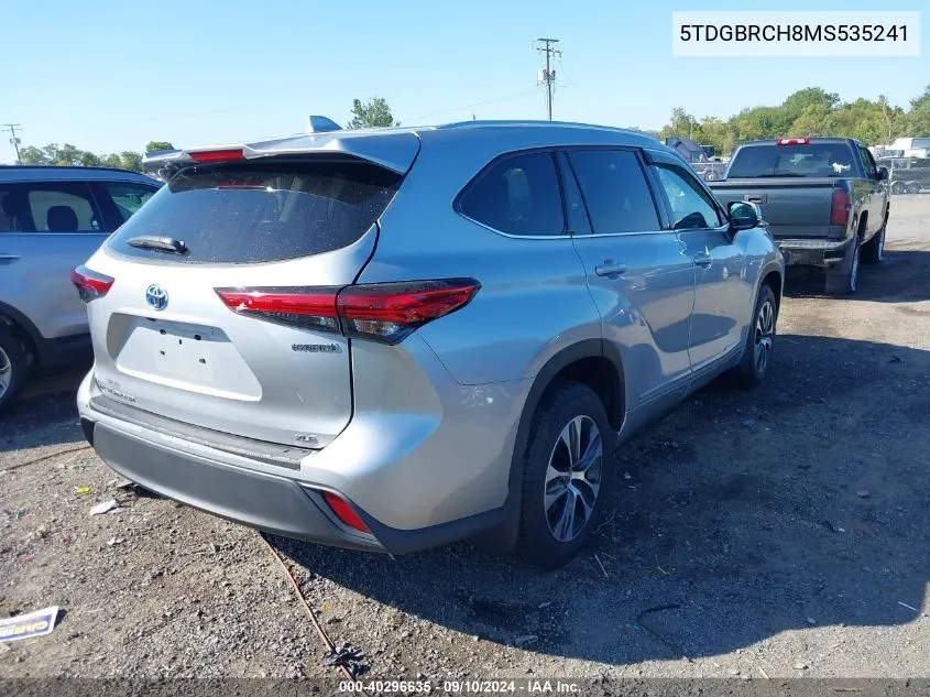 2021 Toyota Highlander Hybrid Xle VIN: 5TDGBRCH8MS535241 Lot: 40296635