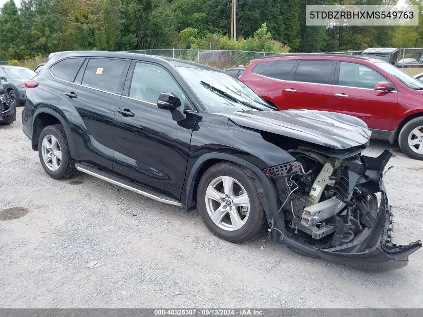 2021 Toyota Highlander L/Le VIN: 5TDBZRBHXMS549763 Lot: 40325307