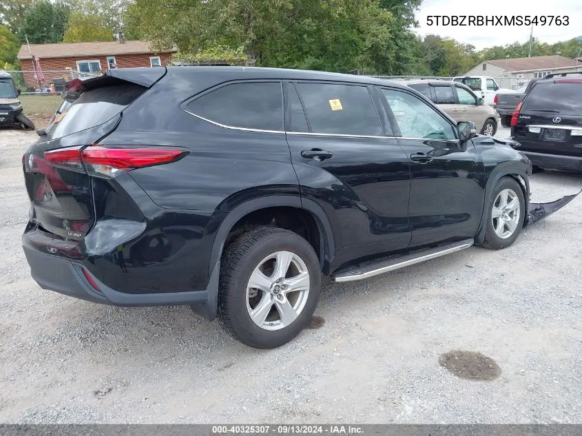 2021 Toyota Highlander L/Le VIN: 5TDBZRBHXMS549763 Lot: 40325307