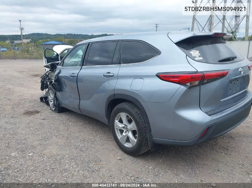 2021 Toyota Highlander Le VIN: 5TDBZRBH5MS094921 Lot: 40433741