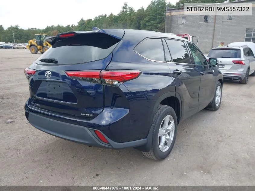 2021 Toyota Highlander Le VIN: 5TDBZRBH9MS557322 Lot: 40447075