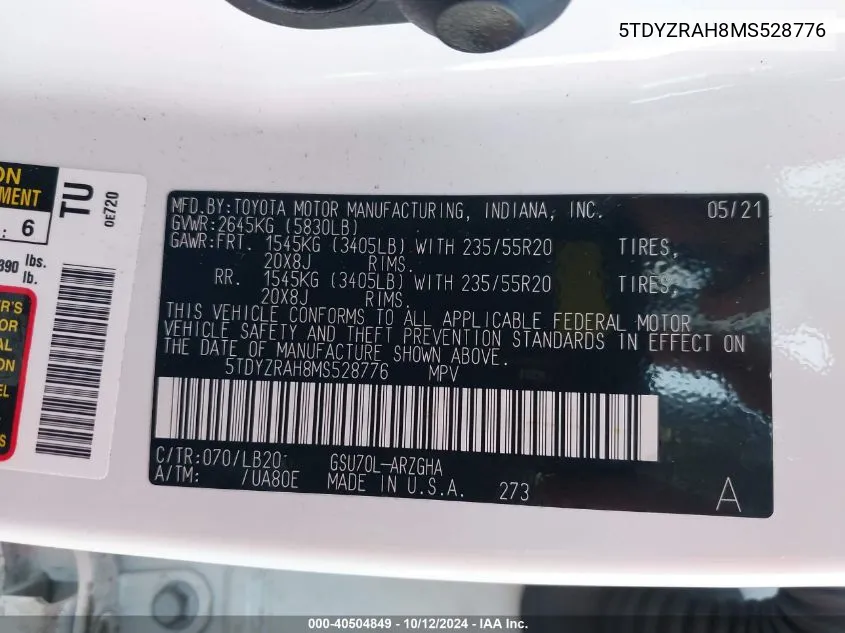 5TDYZRAH8MS528776 2021 Toyota Highlander Limited/Platinum