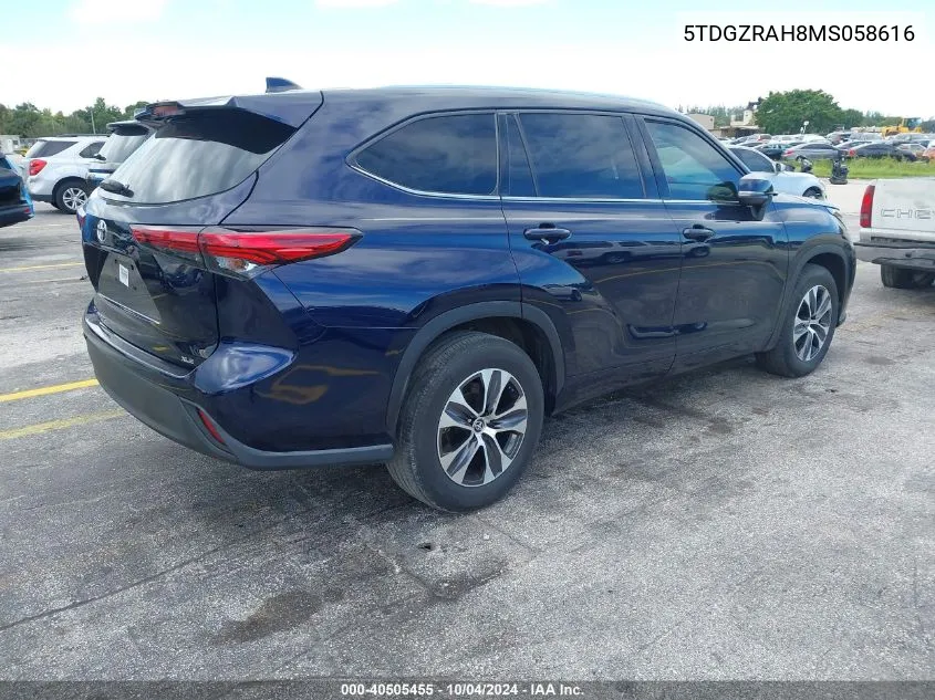 2021 Toyota Highlander Xle VIN: 5TDGZRAH8MS058616 Lot: 40505455