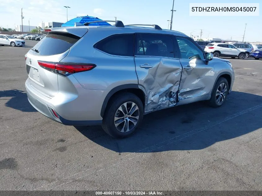 2021 Toyota Highlander Xle VIN: 5TDHZRAH0MS045007 Lot: 40507150