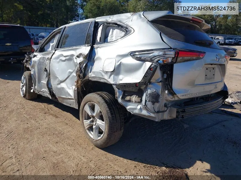 2021 Toyota Highlander Le VIN: 5TDZZRAH3MS524736 Lot: 40560740