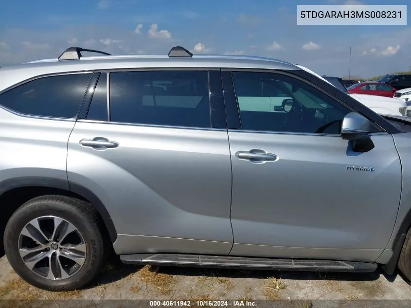 2021 Toyota Highlander Hybrid Xle VIN: 5TDGARAH3MS008231 Lot: 40611942