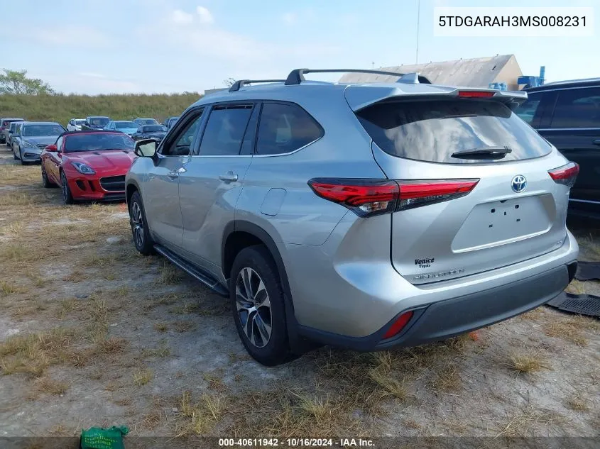 2021 Toyota Highlander Hybrid Xle VIN: 5TDGARAH3MS008231 Lot: 40611942