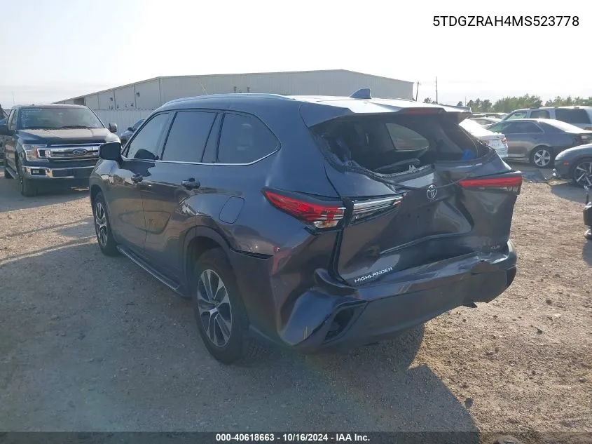 2021 Toyota Highlander Xle VIN: 5TDGZRAH4MS523778 Lot: 40618663