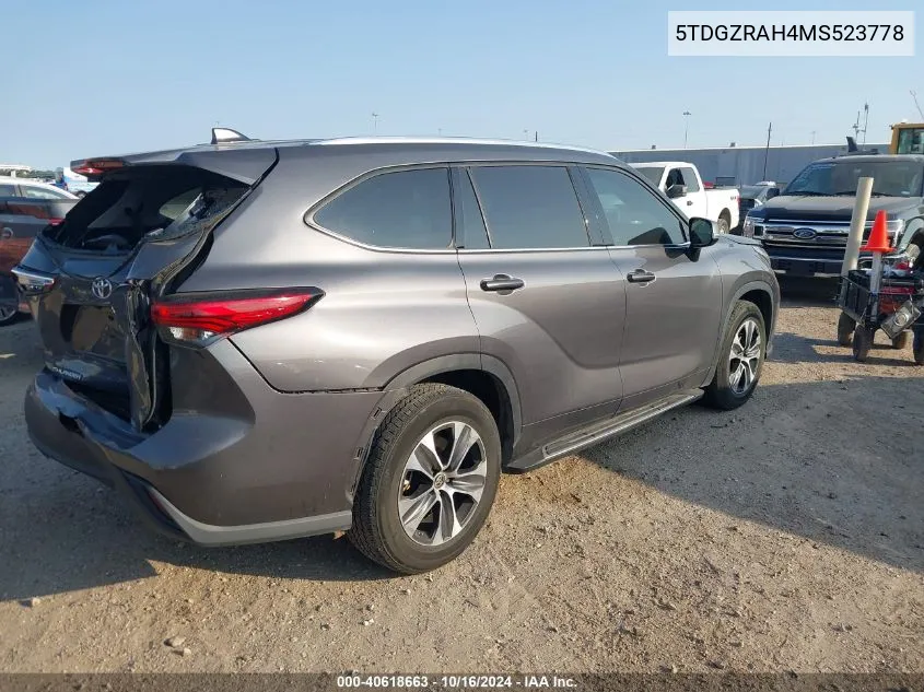 2021 Toyota Highlander Xle VIN: 5TDGZRAH4MS523778 Lot: 40618663