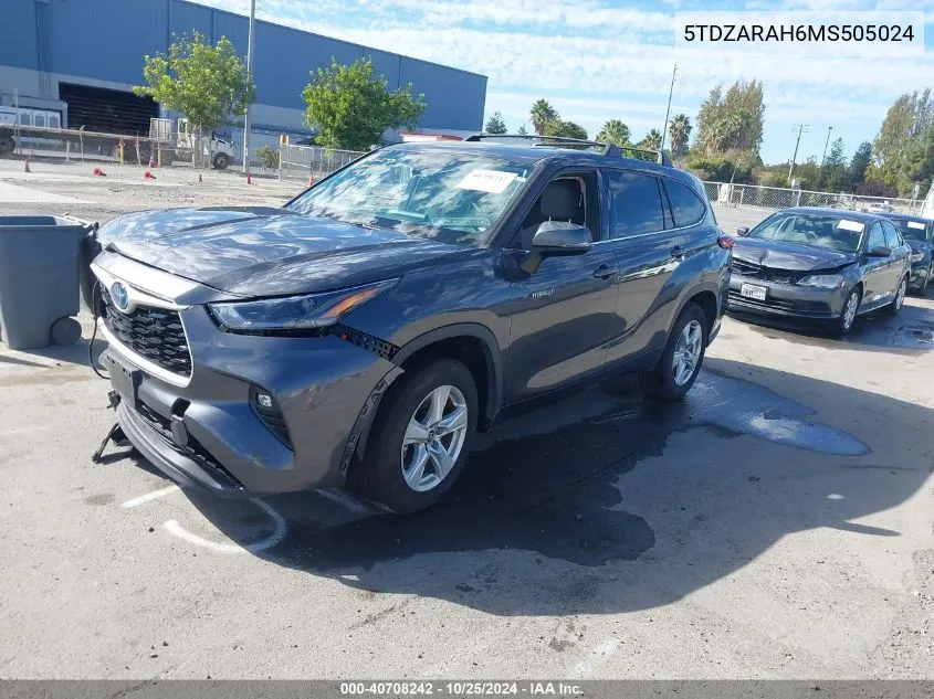 2021 Toyota Highlander Hybrid Le VIN: 5TDZARAH6MS505024 Lot: 40708242