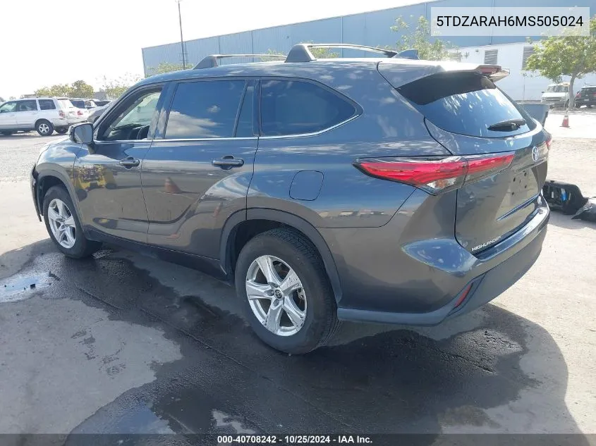 2021 Toyota Highlander Hybrid Le VIN: 5TDZARAH6MS505024 Lot: 40708242