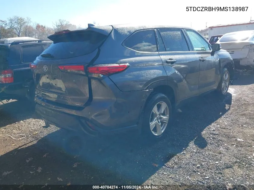 2021 Toyota Highlander L VIN: 5TDCZRBH9MS138987 Lot: 40784274