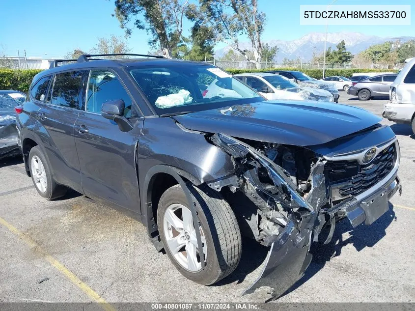 2021 Toyota Highlander L VIN: 5TDCZRAH8MS533700 Lot: 40801087