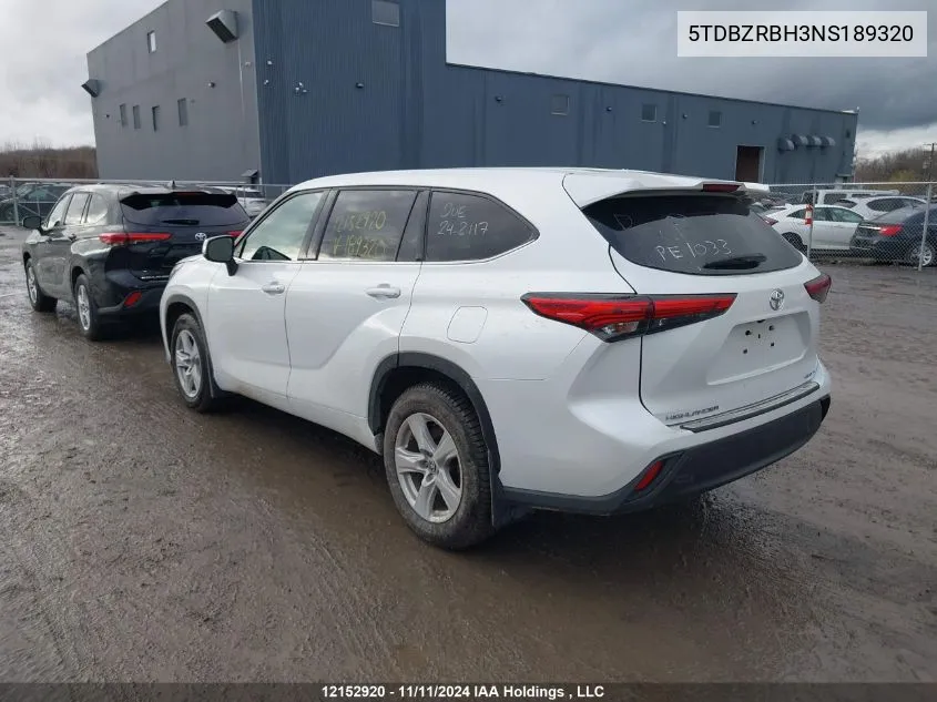 2022 Toyota Highlander L/Le VIN: 5TDBZRBH3NS189320 Lot: 12152920