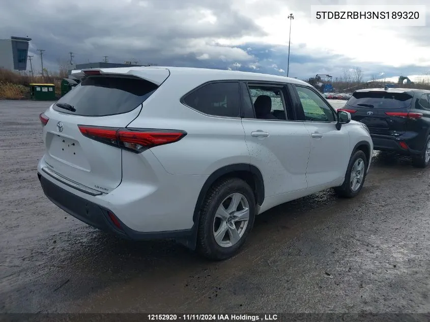 2022 Toyota Highlander L/Le VIN: 5TDBZRBH3NS189320 Lot: 12152920