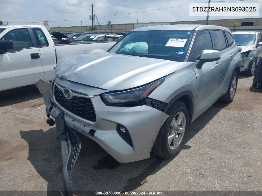 2022 Toyota Highlander L/Le VIN: 5TDZZRAH3NS093025 Lot: 39750996