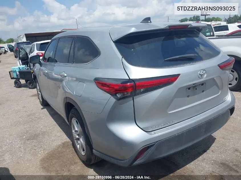 2022 Toyota Highlander L/Le VIN: 5TDZZRAH3NS093025 Lot: 39750996