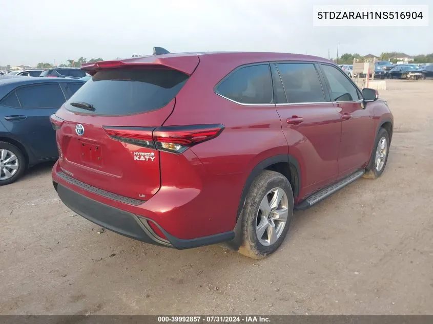 2022 Toyota Highlander Hybrid Le VIN: 5TDZARAH1NS516904 Lot: 39992857