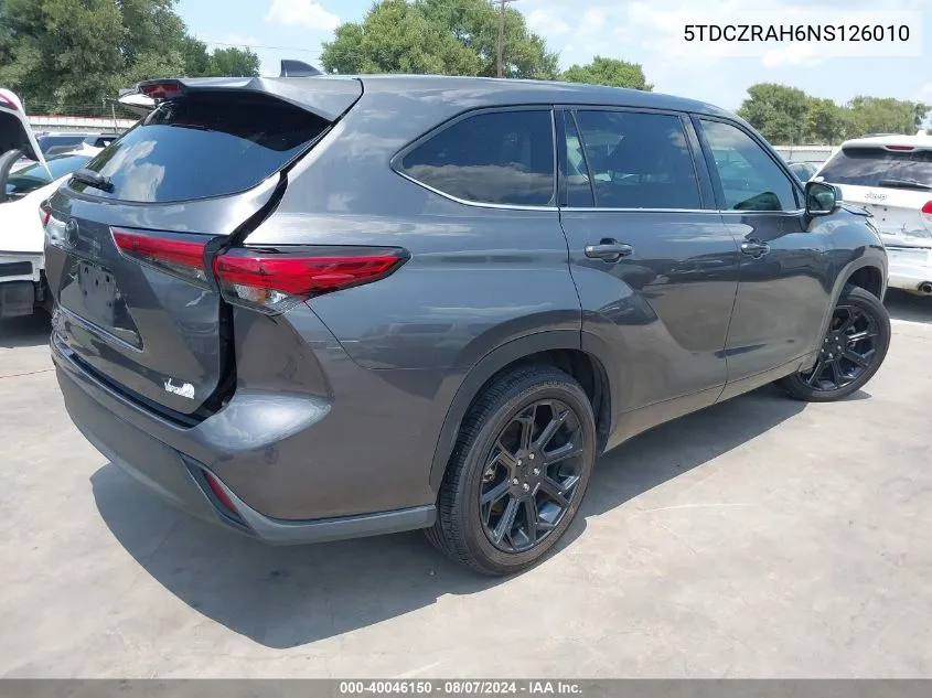 2022 Toyota Highlander L VIN: 5TDCZRAH6NS126010 Lot: 40046150