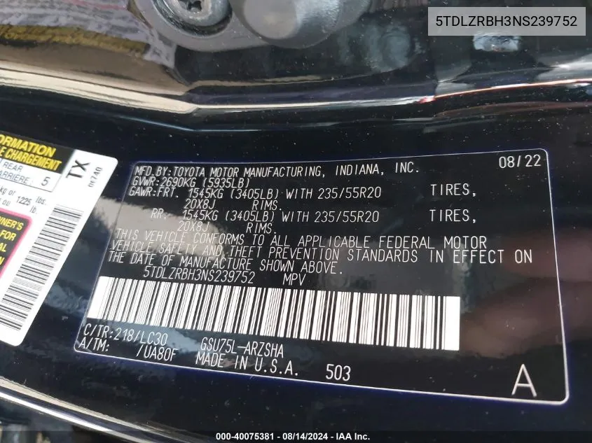 5TDLZRBH3NS239752 2022 Toyota Highlander Xse