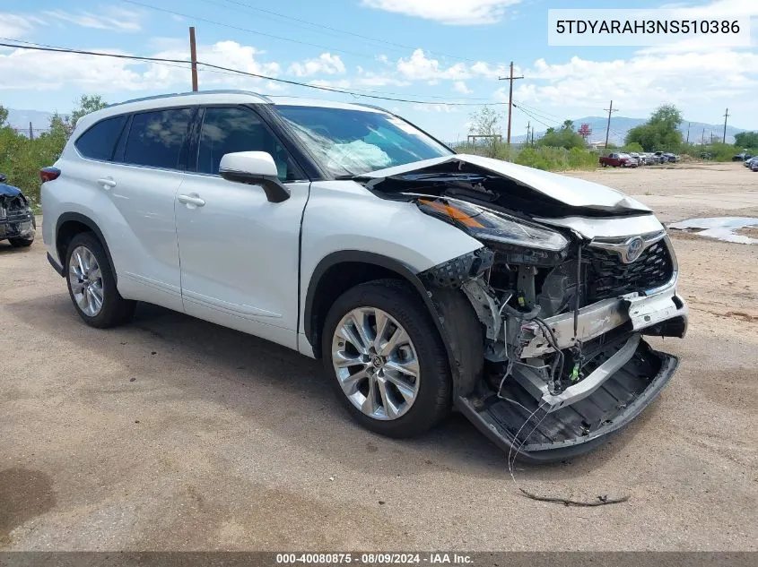 2022 Toyota Highlander Hybrid Limited VIN: 5TDYARAH3NS510386 Lot: 40080875