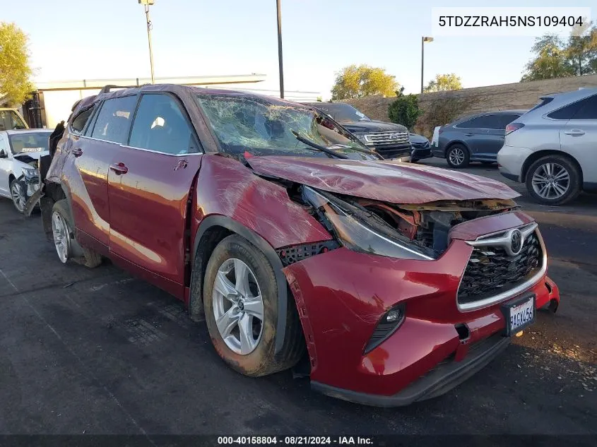 2022 Toyota Highlander L/Le VIN: 5TDZZRAH5NS109404 Lot: 40158804