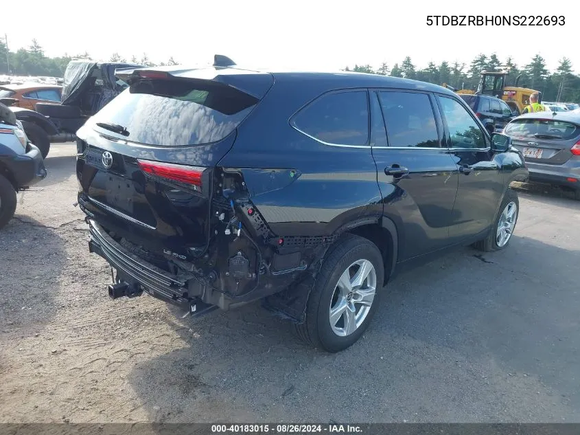 2022 Toyota Highlander Le VIN: 5TDBZRBH0NS222693 Lot: 40183015