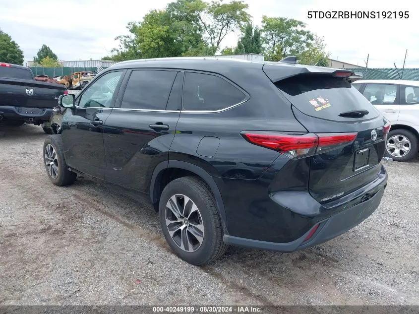 2022 Toyota Highlander Xle VIN: 5TDGZRBH0NS192195 Lot: 40249199