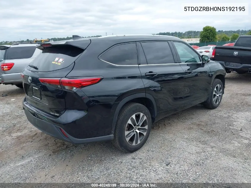 2022 Toyota Highlander Xle VIN: 5TDGZRBH0NS192195 Lot: 40249199