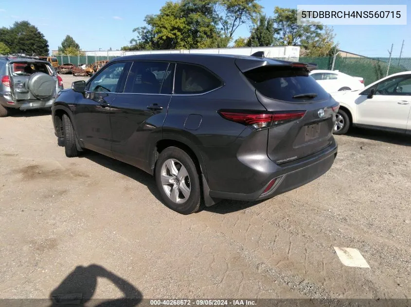 2022 Toyota Highlander Hybrid Le VIN: 5TDBBRCH4NS560715 Lot: 40268672