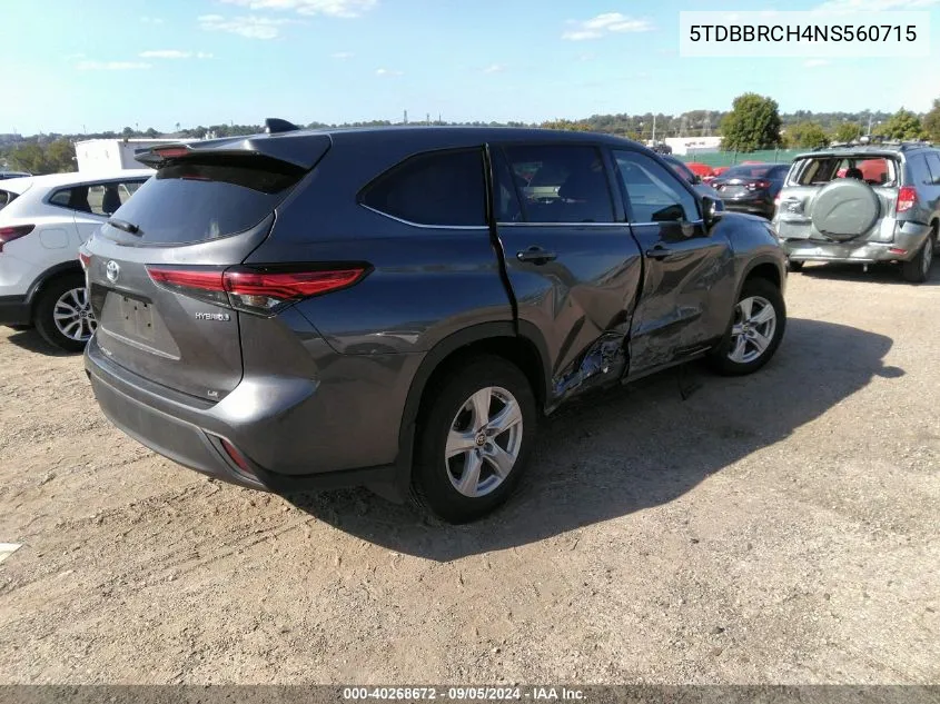 2022 Toyota Highlander Hybrid Le VIN: 5TDBBRCH4NS560715 Lot: 40268672