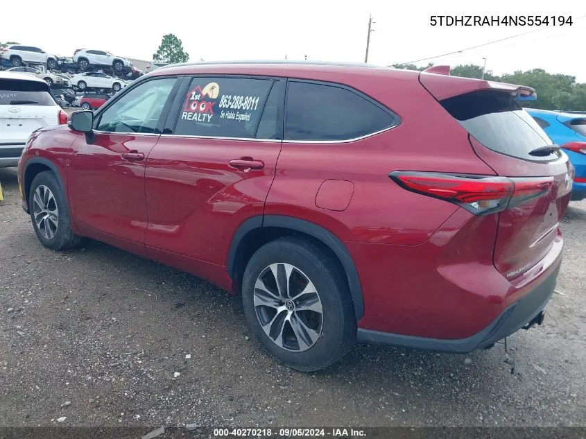 2022 Toyota Highlander Xle VIN: 5TDHZRAH4NS554194 Lot: 40270218