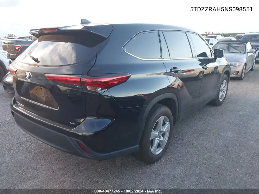 2022 Toyota Highlander Le VIN: 5TDZZRAH5NS098551 Lot: 40477245