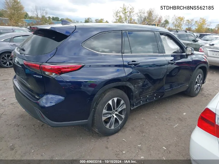 2022 Toyota Highlander Hybrid Xle VIN: 5TDHBRCH8NS562185 Lot: 40603316